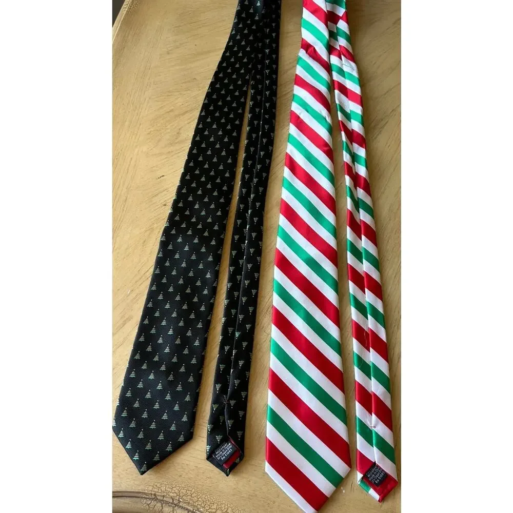 VTG Holiday Traditions Ties Christmas Red Black Silk Stripes Tree Necktie Lot 2